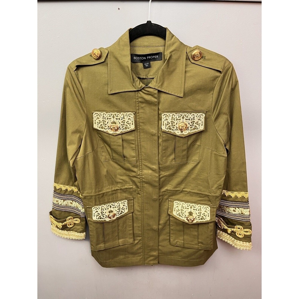 Boston Proper Utility Jacket Womens XS Olive Green Military Lace Gold Trim Crest